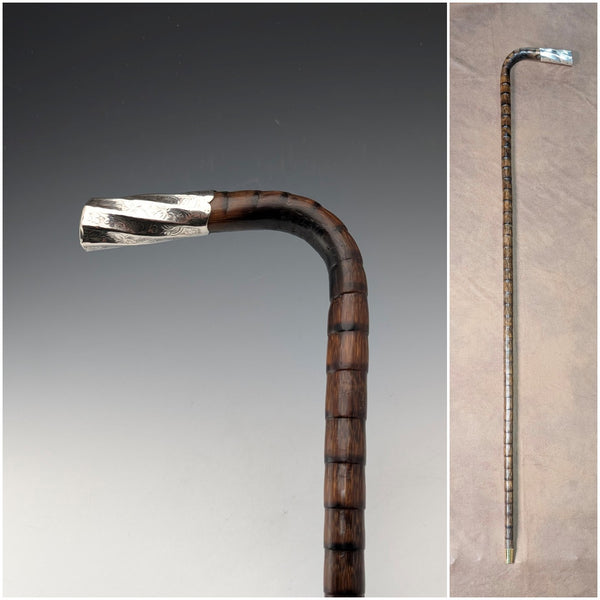 1906 British antique brown handle L-handle pure silver decorated walking stick 92cm Thomas Davis